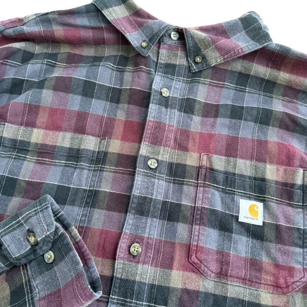 Carhartt Mens 3XL Relaxed Fit Plaid Flannel Shirt‎ Burgundy Grey 104909 614